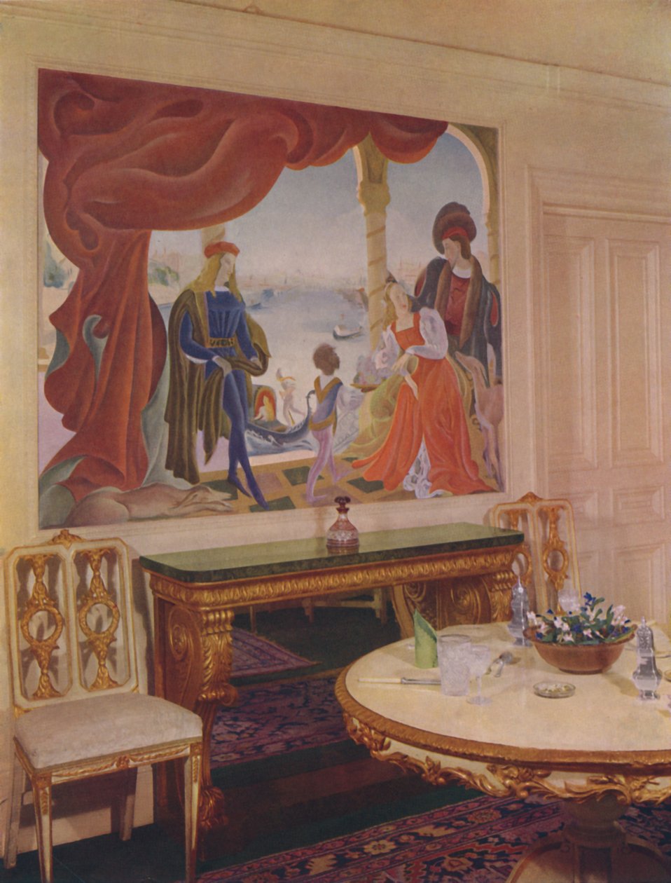 Mural autorstwa Beatrice MacDermott, przedstawiający scenę wenecką, oprawiony w jedną z szyb jadalni autorstwa Unbekannt