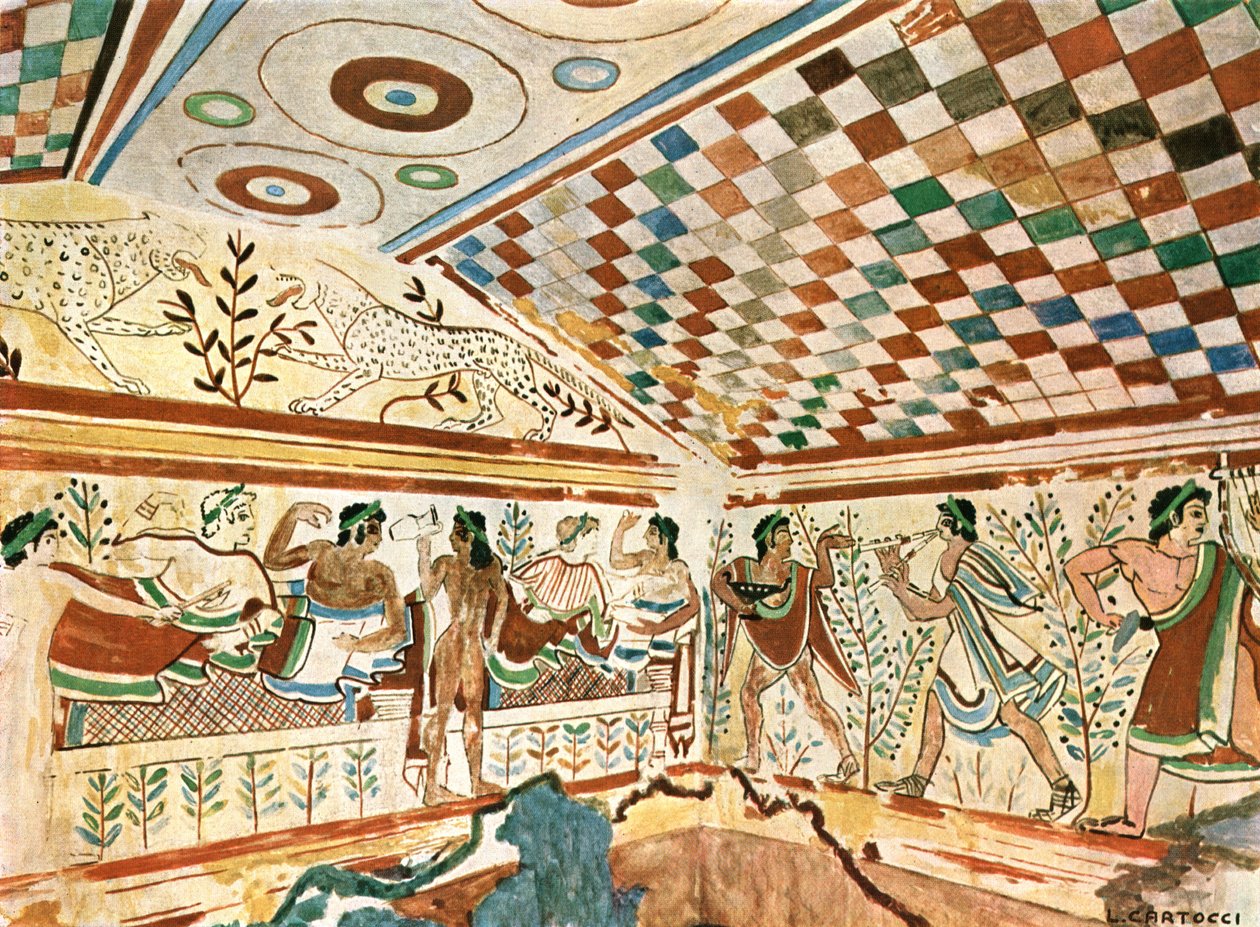 Malowidło ścienne w Leopard Tomb Tomba dei Leopardi w Tarquinia, Włochy, 1928. autorstwa Unbekannt