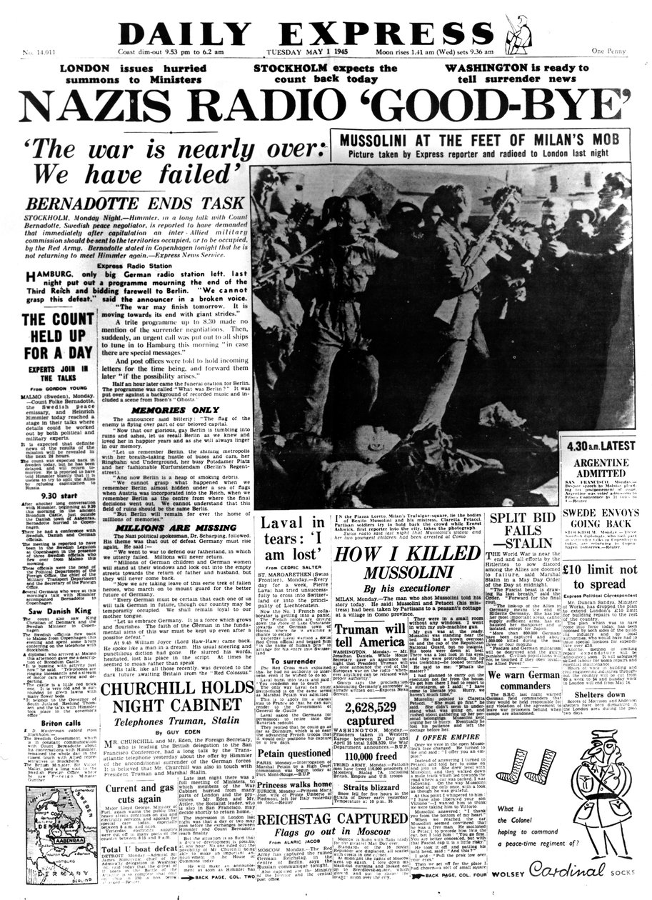 Pożegnanie z hitlerowskim radiem, pierwsza strona „Daily Express”, 1 maja 1945 r. autorstwa Unbekannt
