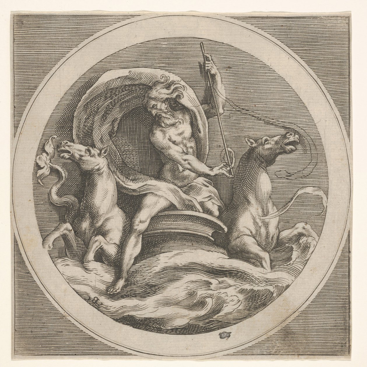 Neptun wznoszący się z morza i niosący laskę, w towarzystwie dwóch końskich łbów…, ca. 1550-1600. autorstwa Unbekannt