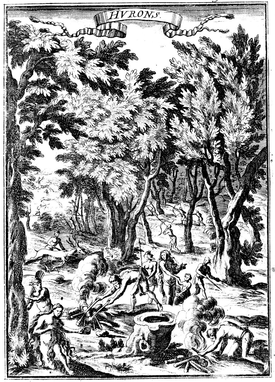 Północnoamerykańscy Indianie Huron polujący i przygotowujący jedzenie w lesie, 1686 autorstwa Unbekannt