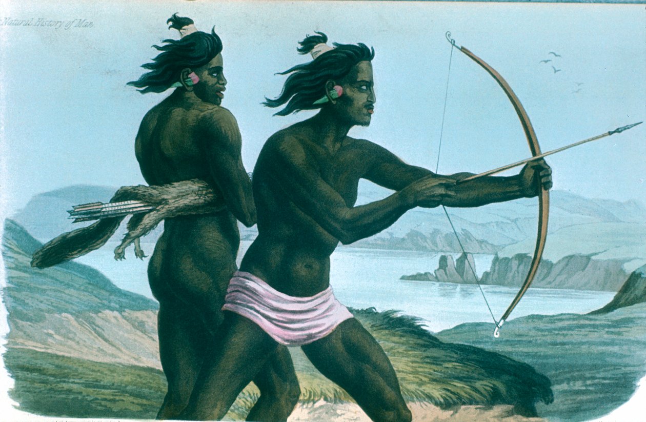 Północnoamerykańscy Indianie San Francisco polujący z łukami i strzałami, ok. 1840 r. autorstwa Unbekannt