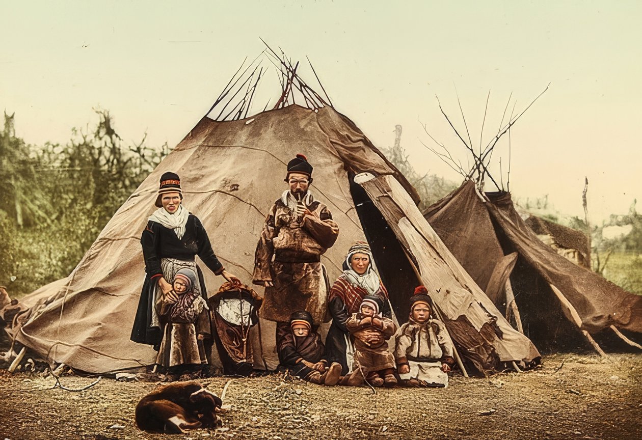 Norwegia. Rag (ziarno) - rodzina przed namiotem. Około 1900. Fotochrom. Fotografia autorstwa Photoglob / Zurych autorstwa Unbekannt