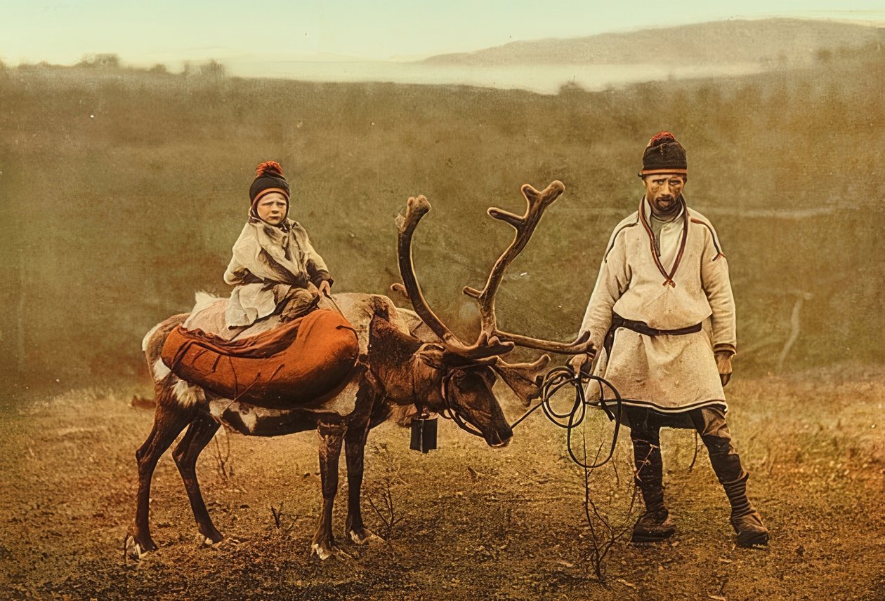 Norwegia. Szmata (nasionko) z reniferem. Około 1900. Fotochrom. Fotografia autorstwa Photoglob / Zurych autorstwa Unbekannt