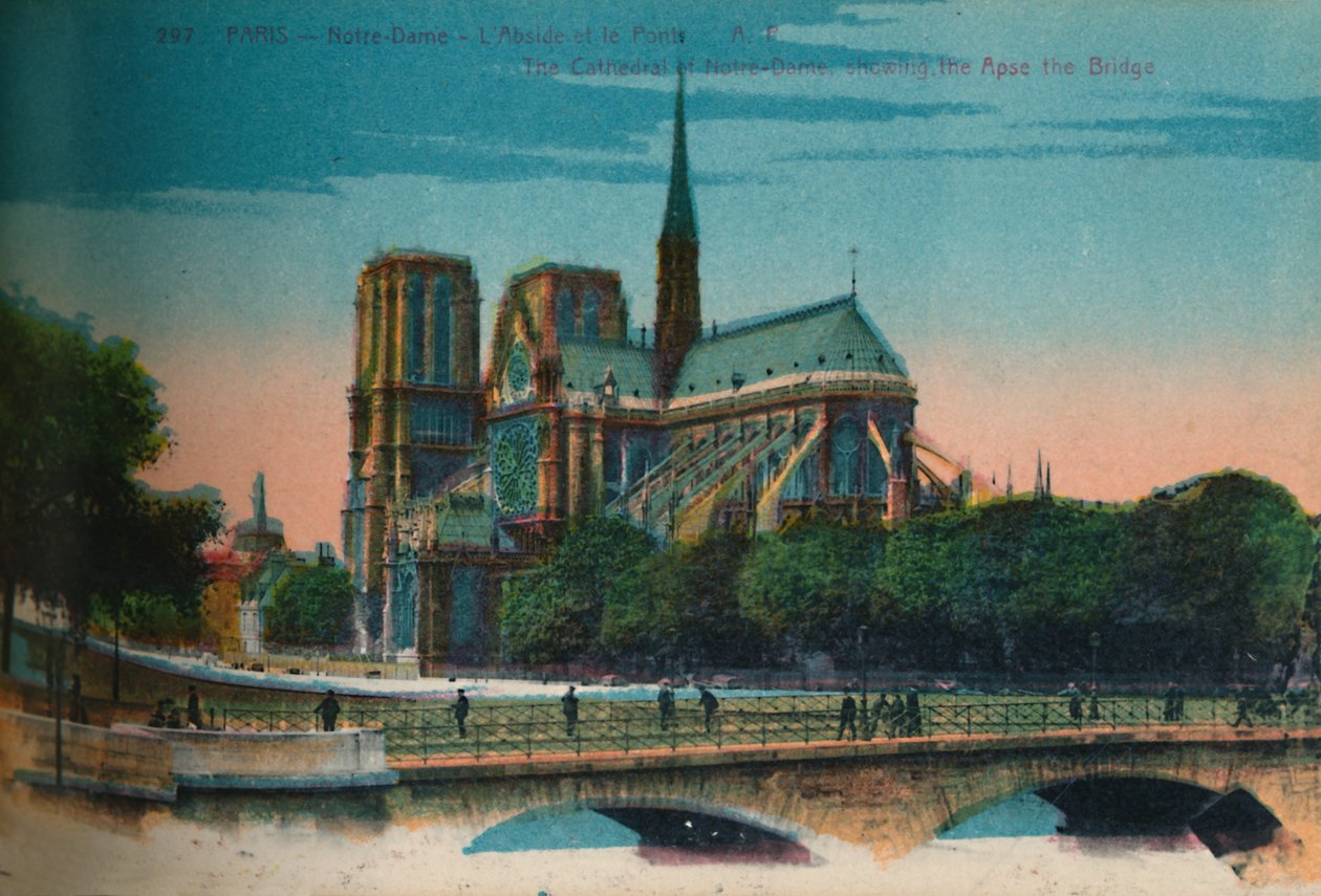 Katedra Notre-Dame ukazująca apsydę i most Notre-Dame, Paryż, ok. 1920 autorstwa Unbekannt