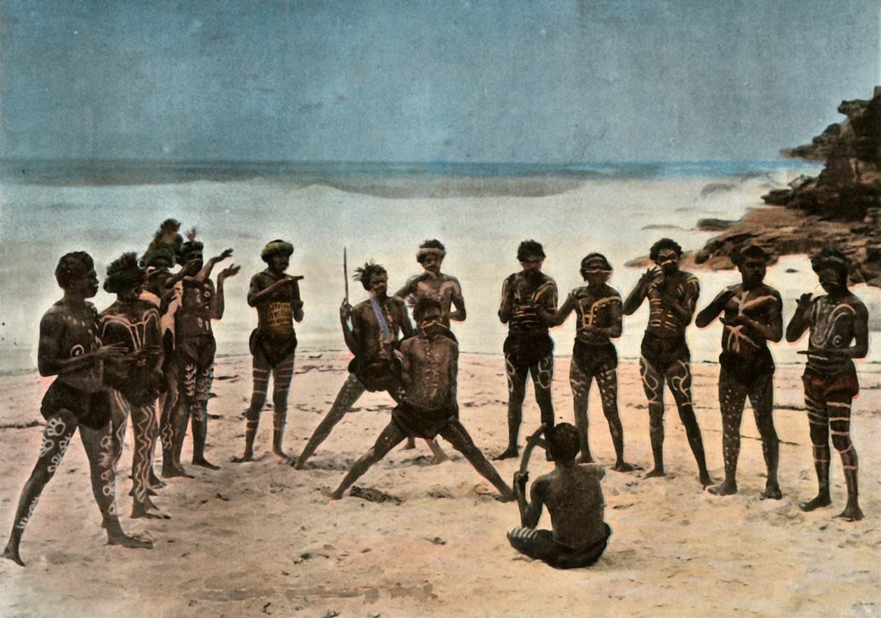 Nowa Gwinea. Taniec Barioles Papuas, Papua Nowa Gwinea. Plemienny taniec papuaski, 1900. autorstwa Unbekannt