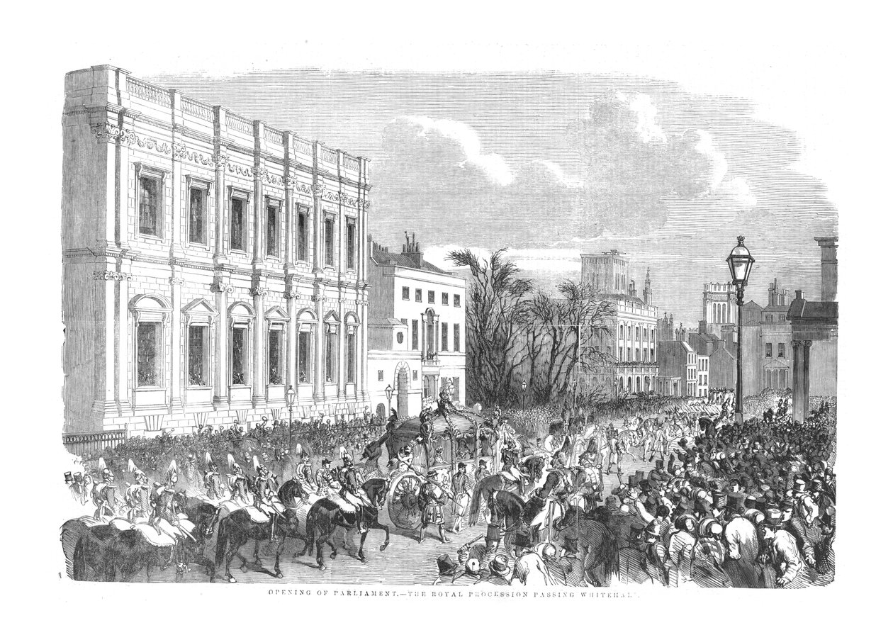 Otwarcie parlamentu – Królewska procesja przechodząca przez Whitehall., 1854 autorstwa Unbekannt