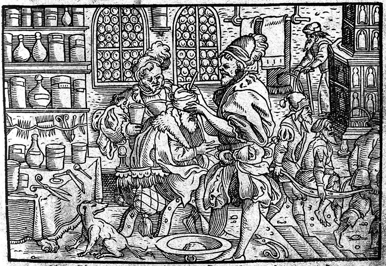 Operacja na głowie mężczyzny. Od: Wielkie lekarstwo na rany Theophrastus Bombastus von Hohenheim, 1562 autorstwa Unbekannt