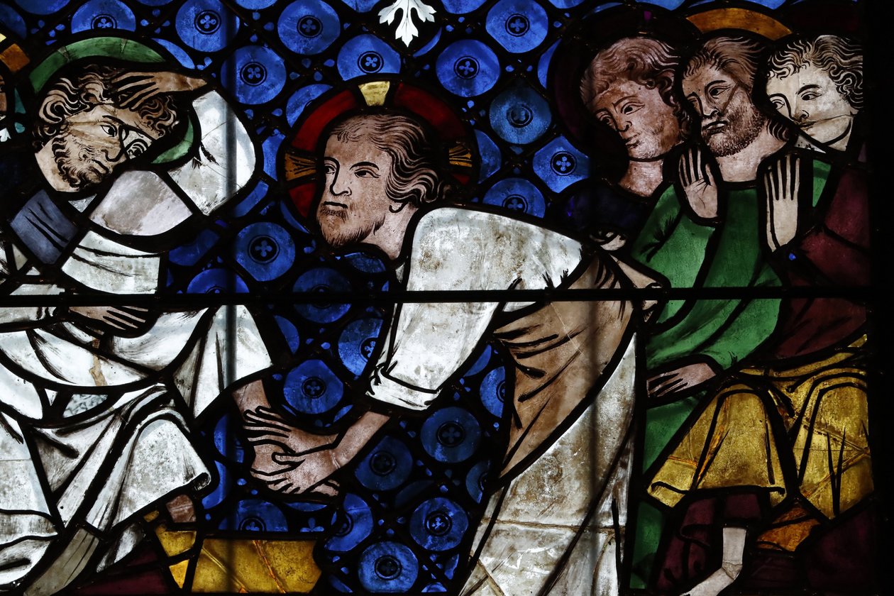 Katedra Matki Bożej w Strasburgu. Witraż. Chrystus umywa nogi apostołom. 14 wiek. Strasburg. Francja. autorstwa Unbekannt
