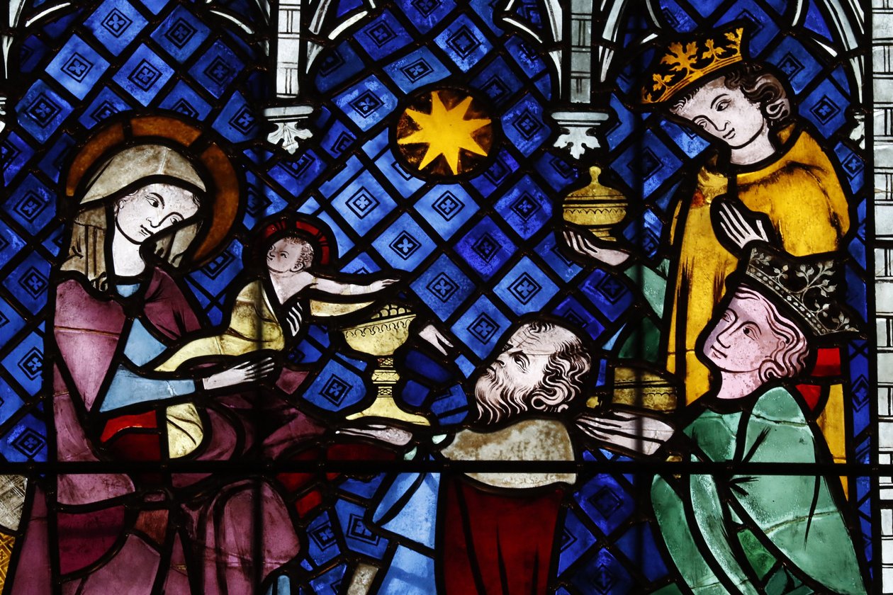 Katedra Matki Bożej w Strasburgu. Witraż. Narodzenie Chrystusa. Adoracja Trzech Króli. 14 wiek. Strasburg. Francja. autorstwa Unbekannt