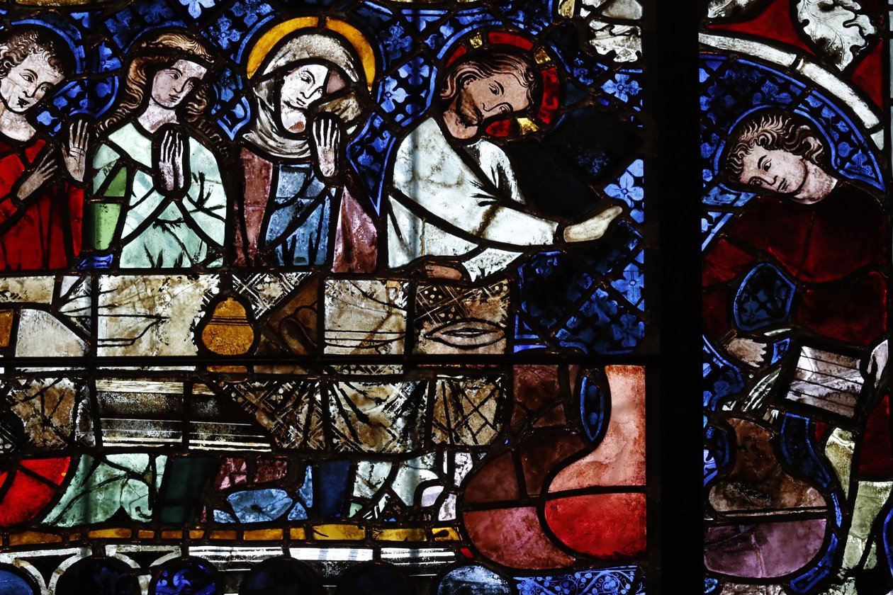 Katedra Matki Bożej w Strasburgu. Witraż. Przemiana wody w wino podczas zaślubin w Kanie. 14 wiek. Strasburg. Francja. autorstwa Unbekannt