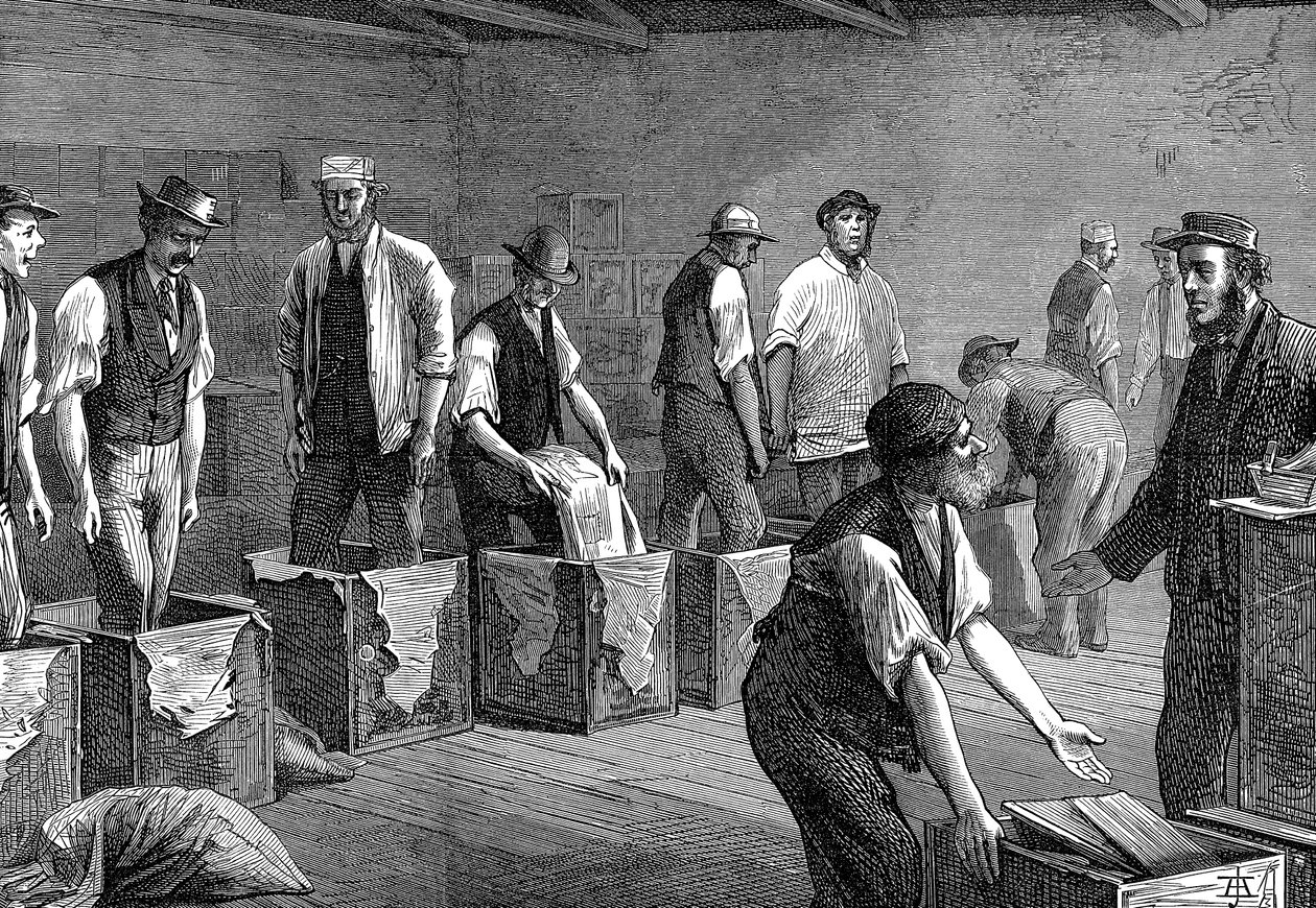 Pakowanie herbaty w magazynach East & West India Dock Company, Londyn, 1874 autorstwa Unbekannt