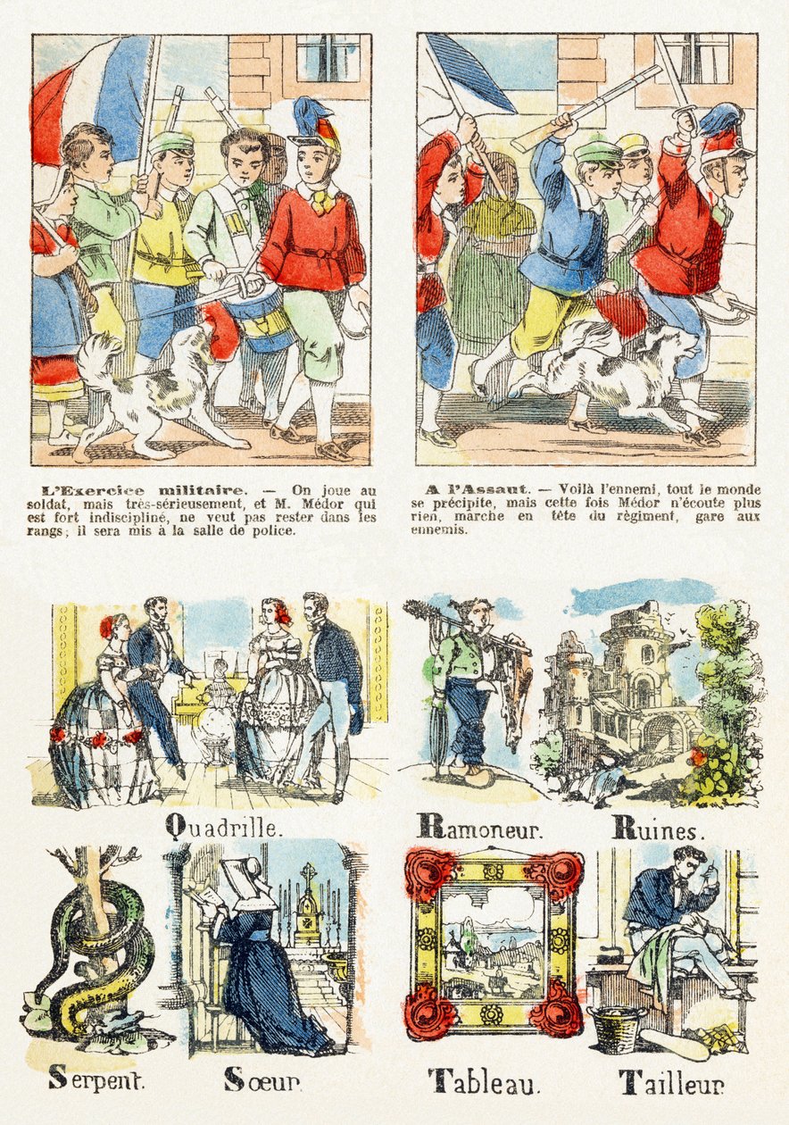Strona 7 - gry dla dzieci: ćwiczenia wojskowe, W ataku - Alfabet - Rozrywka dla dzieci - Epinal imagery, popularny serial, ok. 1890 r. autorstwa Unbekannt
