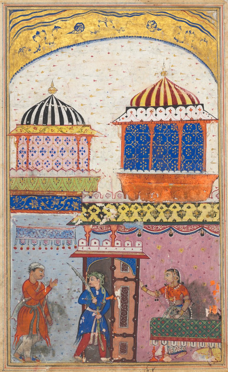 Strona z Tales of a Parrot Tuti-nama: Ósma noc: Kobieta prosi kochanka, aby wyszedł..., ok. godz. 1560. autorstwa Unbekannt