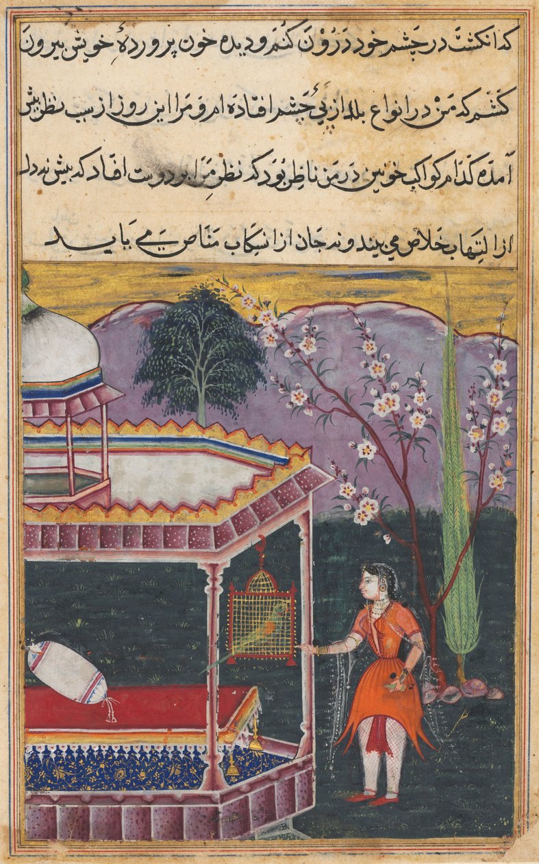 Strona z Tales of a Parrot Tuti-nama: Ósma noc: Papuga zwraca się do Khujasta..., 1558-1560. autorstwa Unbekannt