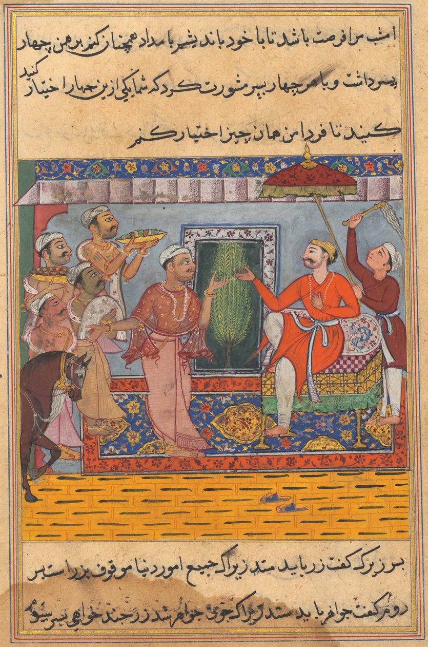 Strona z Opowieści papugi Tuti-nama: Jedenasta noc: Brahman, niezdolny do wyboru..., c. 1560. autorstwa Unbekannt