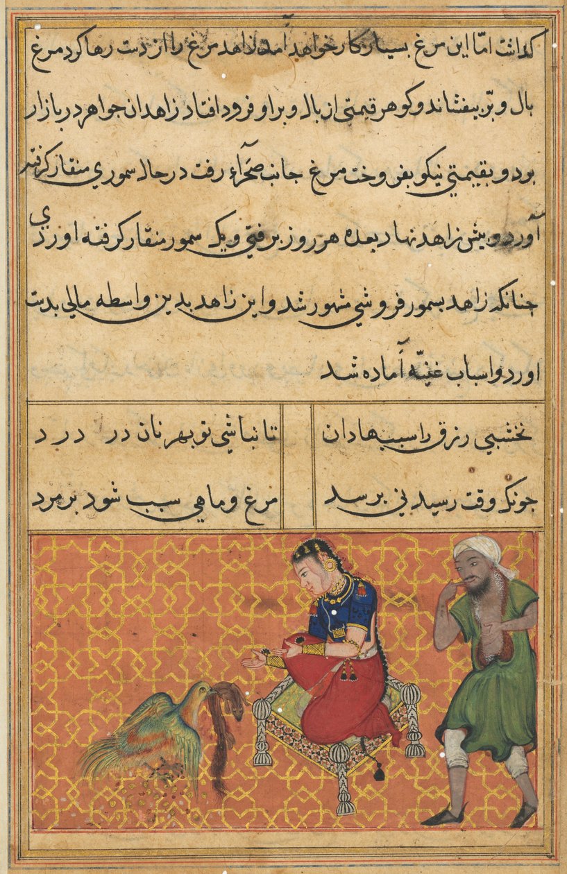 Strona z Tales of a Parrot Tuti-nama: Pięćdziesiąta druga noc: Ptak siedmiu kolorów, ok. godz. 1560. autorstwa Unbekannt