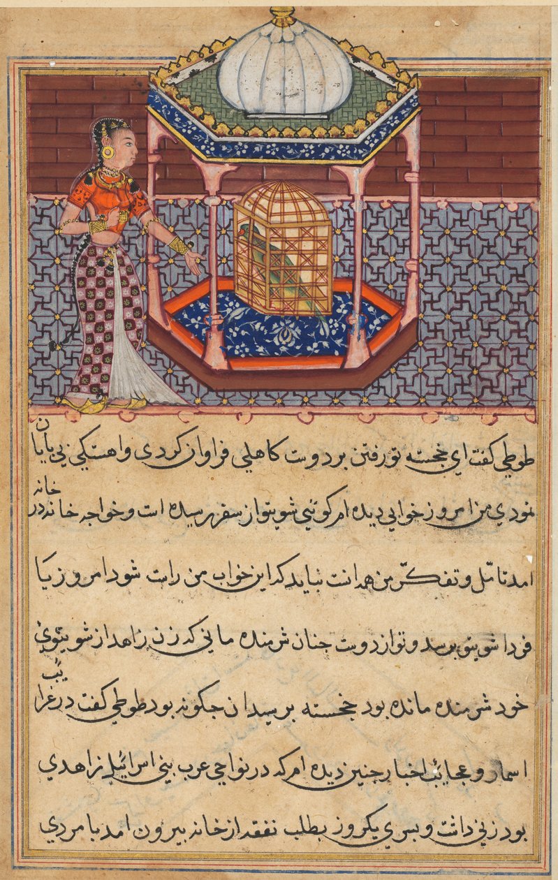 Strona z Tales of a Parrot Tuti-nama: Pięćdziesiąta druga noc: Papuga zwraca się do Khujasta..., c1560 autorstwa Unbekannt