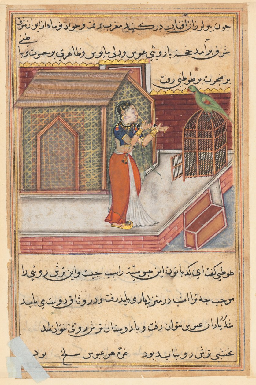 Strona z Tales of a Parrot Tuti-nama: Czterdziesta dziewiąta noc: Papuga zwraca się do Khujasta..., ok. 1560. autorstwa Unbekannt