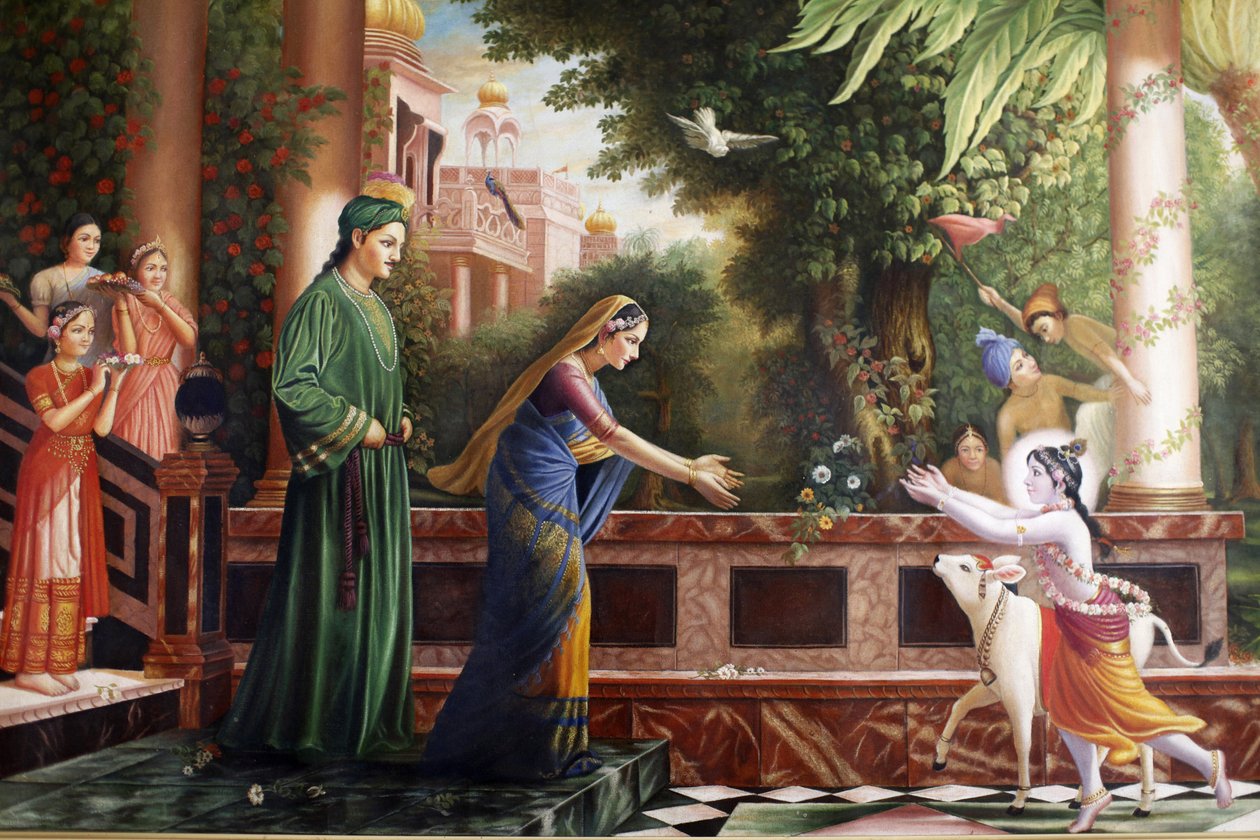 Obraz w Bhaktivedanta Manor przedstawiający młodego Krisznę biegnącego do Matki Yaśody i Nandy Maharaj (jego przybrani rodzice) Watford Grande-Bretagne autorstwa Unbekannt