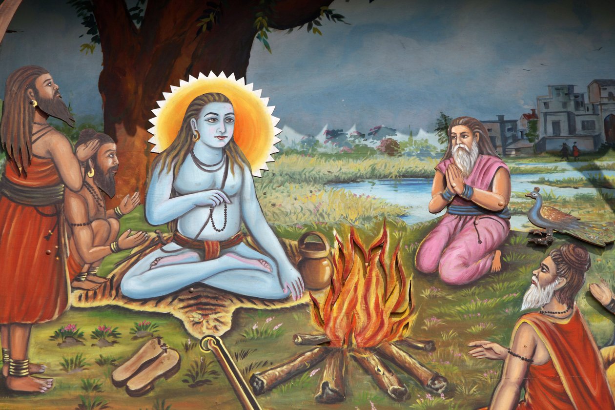 Obraz przedstawiający świętego człowieka (siedzącego na skórze tygrysa jak Shiva) w otoczeniu wyznawców Haridwar India autorstwa Unbekannt