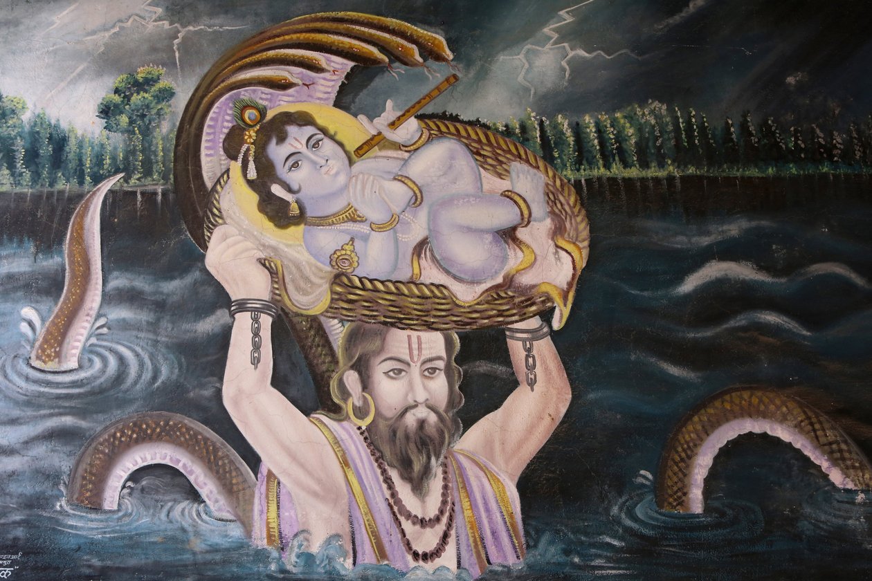 Obraz w Gokul : Krishna jako dziecko niesiony przez Vasudeva nad rzeką Yamuna. Indie autorstwa Unbekannt