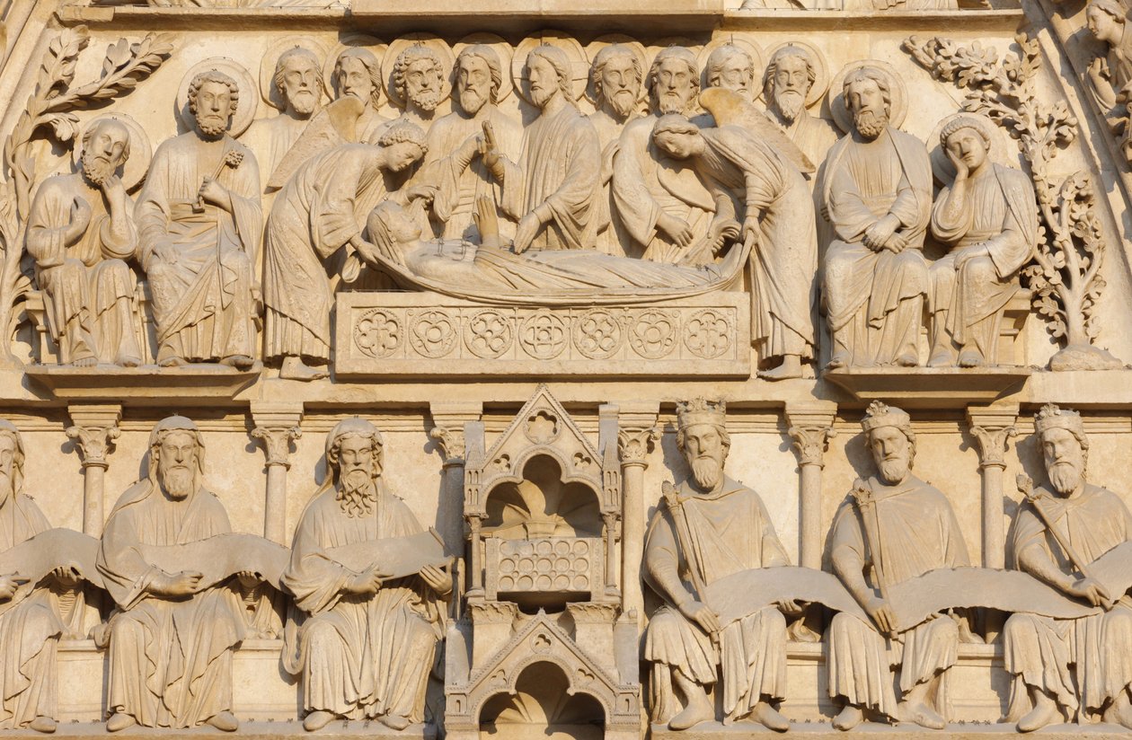 Zachodnie skrzydło paryskiej katedry Notre Dame: Brama Dziewicy: Maryja na łożu śmierci w otoczeniu Jezusa i apostołów, Paryż, Francja autorstwa Unbekannt