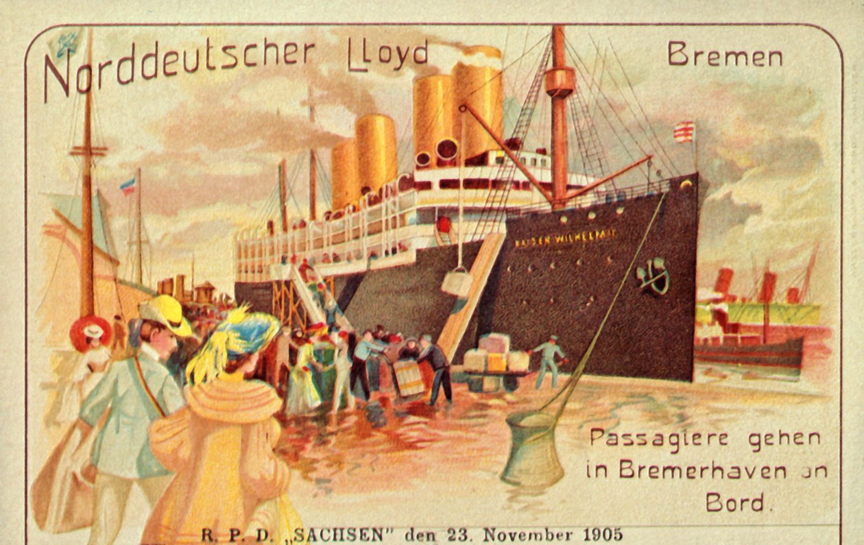 Pasażerowie wsiadają do gigantycznego SS Kaiser Wilhelm II w Bremerhaven, 1905. autorstwa Unbekannt