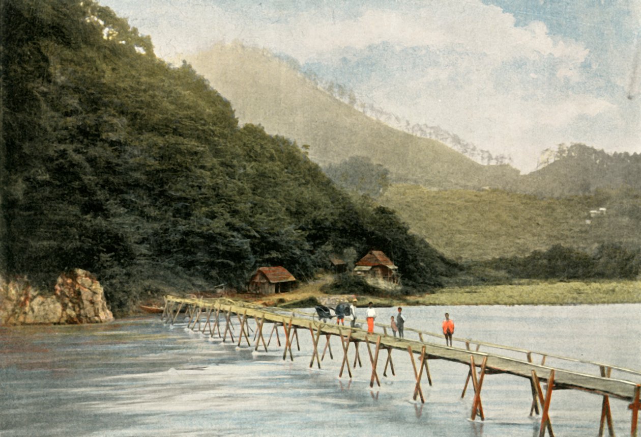 Passerelle Sur La Riviere DArakawa, Kładka dla pieszych nad rzeką Arakawa, 1900. autorstwa Unbekannt