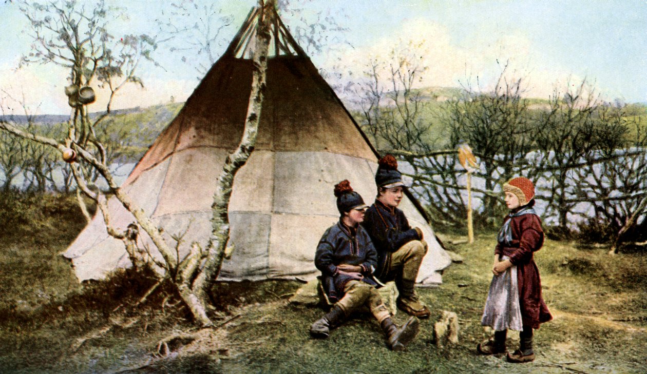 Ludzie z tradycyjnym namiotem, Laponia, Szwecja, ok. 1923 r. autorstwa Unbekannt