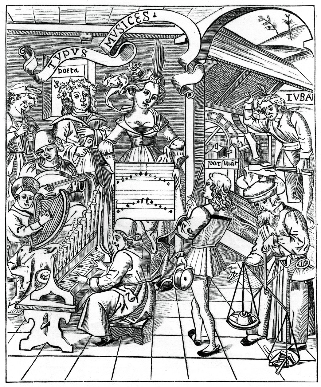 Personifikacja muzyki, z pomocnikami, poetą i muzykami, 1508, 1870 autorstwa Unbekannt