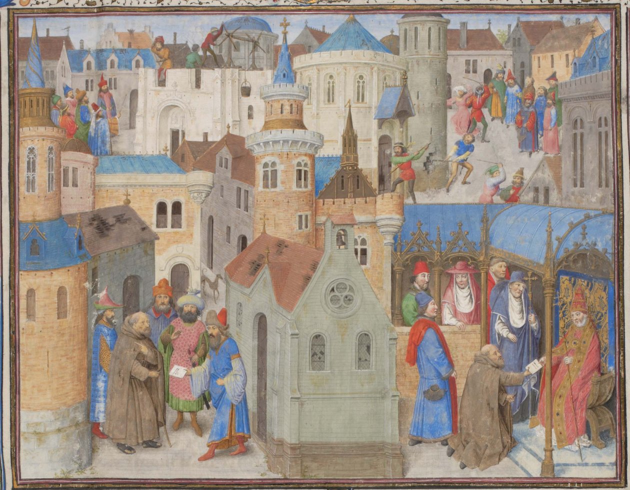 Piotr Pustelnik wysłuchuje papieża Urbana II na soborze w Clermont. Miniatura z Historii Williama Tyru, lata 60. XIV wieku autorstwa Unbekannt