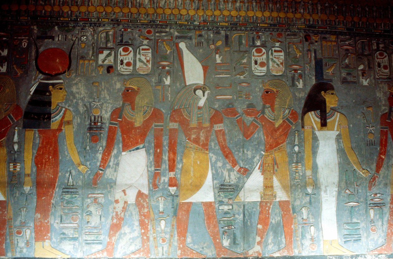 Faraon Horemheb z boginią Izydą i bogiem Horusem, starożytny Egipcjanin, XIV w. p.n.e. autorstwa Unbekannt
