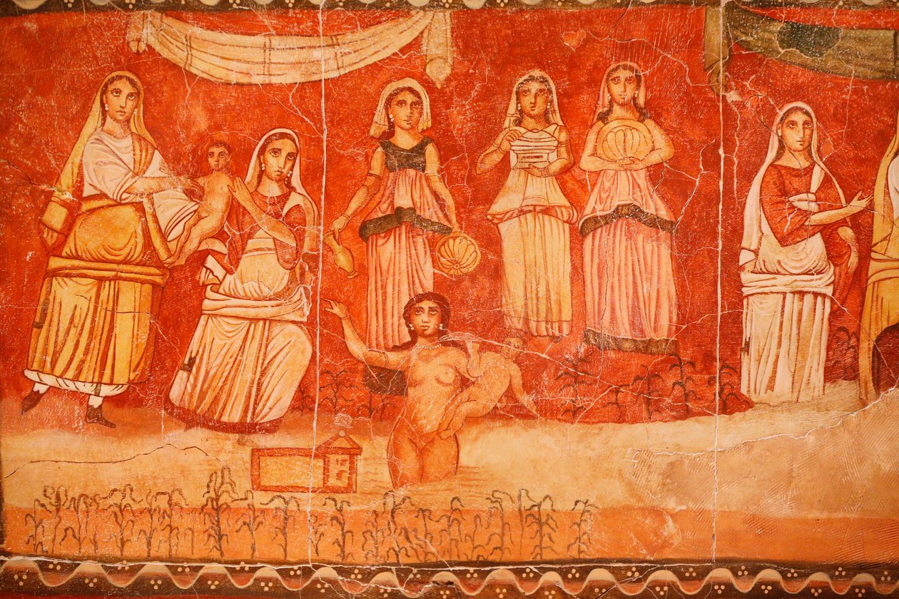 Faraon i dzieciństwo Mojżesza, fresk z Synagogi w Doura (Dura) Europos, 244-245, przechowywany w Muzeum Narodowym w Damaszku. Zdjęcie wykonane w Muzeum Żydowskim w Nowym Jorku podczas wystawy. autorstwa Unbekannt