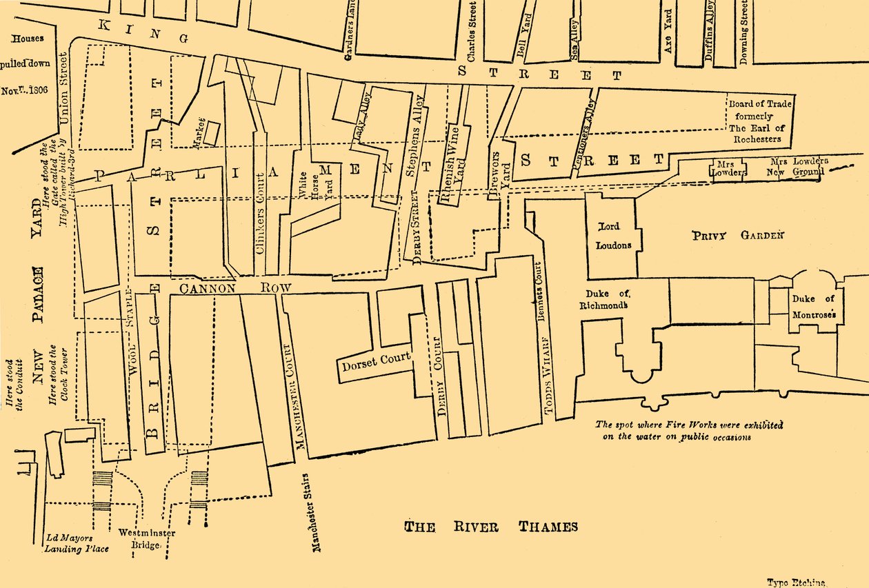 Plan części Westminster w latach 1734-1748 - przed wzniesieniem Parliament Street, autorstwa Unbekannt