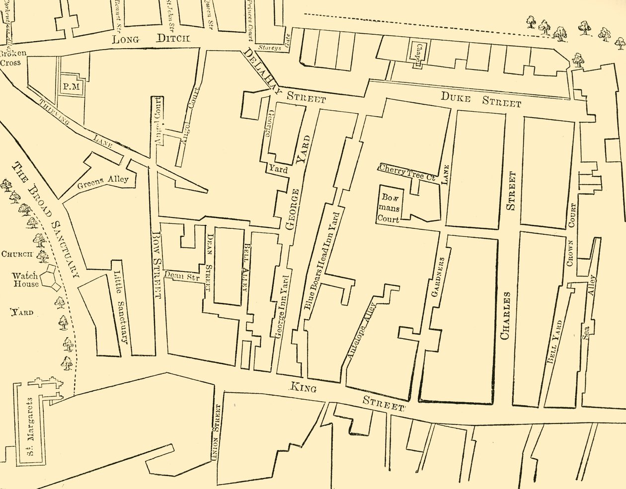 Plan części Westminster w latach 1734-1748 – przed wzniesieniem Great George Street autorstwa Unbekannt