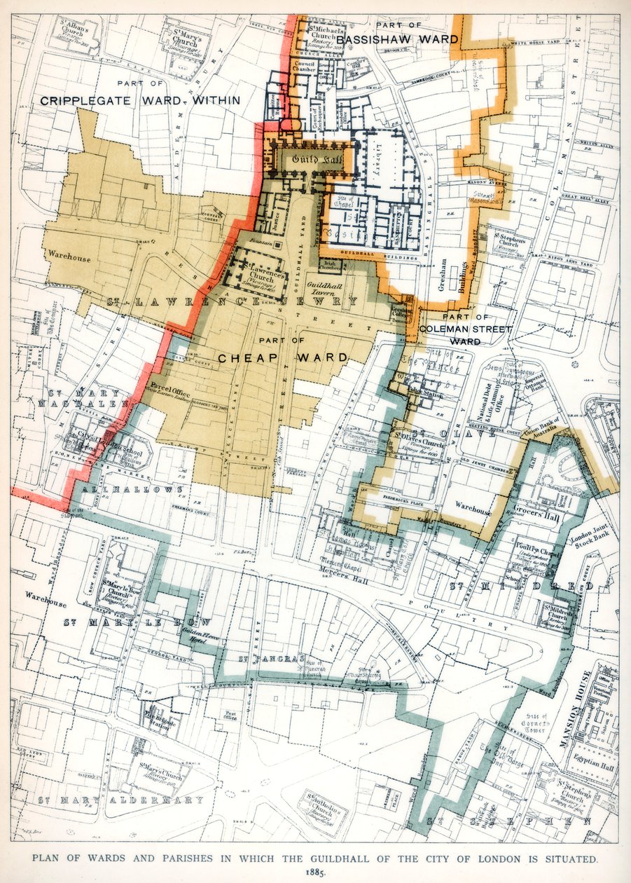 Plan okręgów i parafii, w których znajduje się Guildhall of the City of London, 1886 r. autorstwa Unbekannt