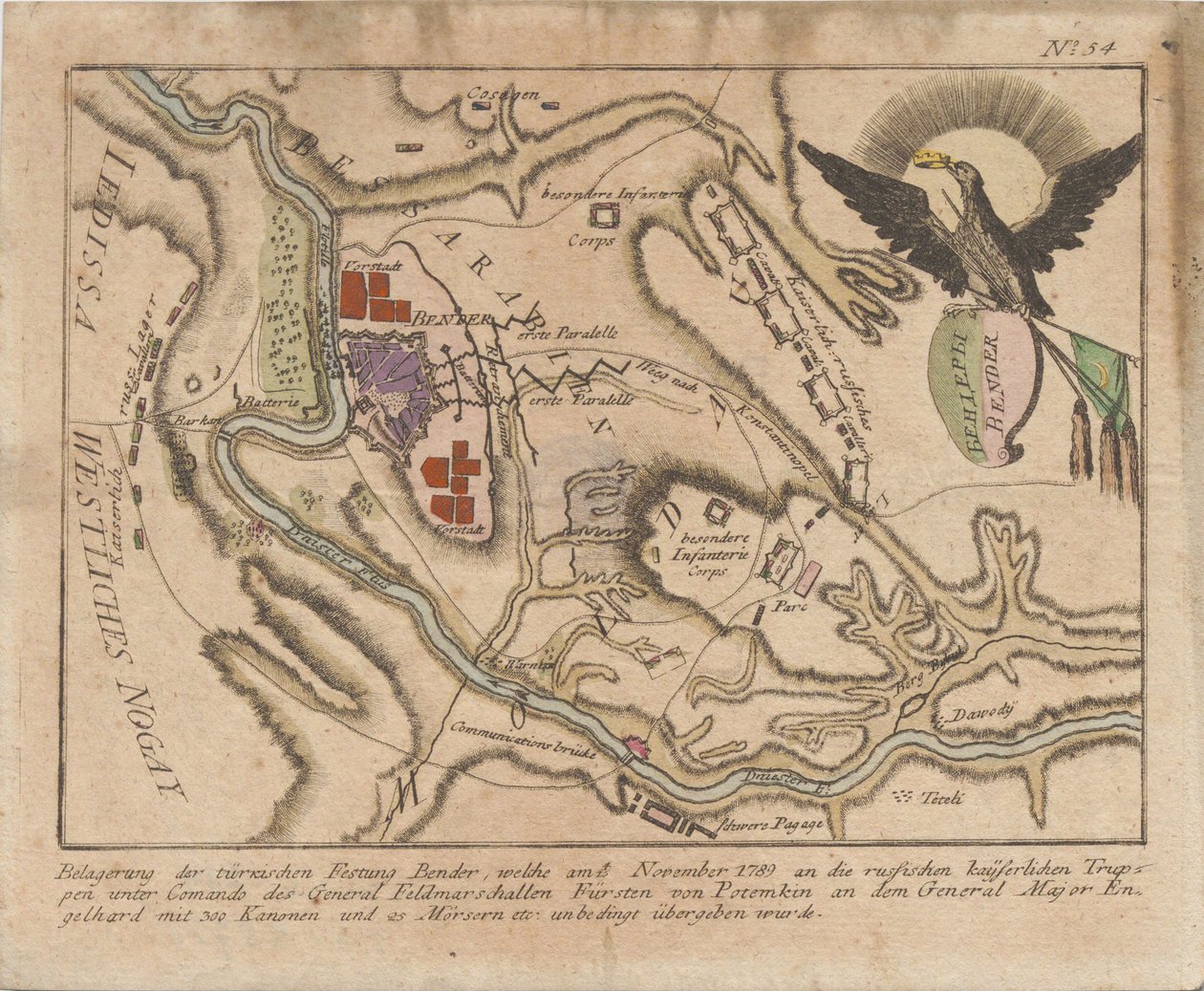 Plan oblężenia tureckiej twierdzy Bender przez wojska rosyjskie w listopadzie 1789, 1789. autorstwa Unbekannt