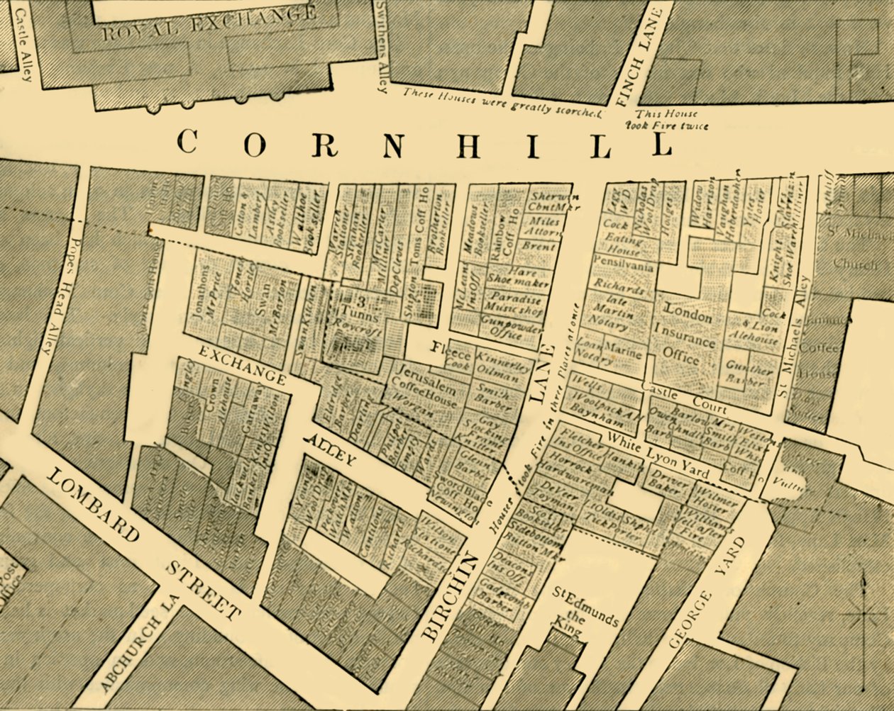 Plan przedstawiający zasięg wielkiego pożaru w Cornhill w 1748 r., ok. 1872 r. autorstwa Unbekannt