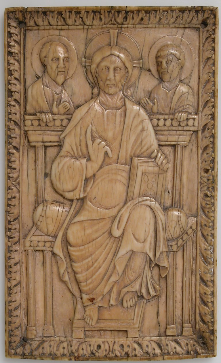 Tablica z Chrystusem intronizowanym z dwoma Apostołami, Karolingiem, 850-875. autorstwa Unbekannt