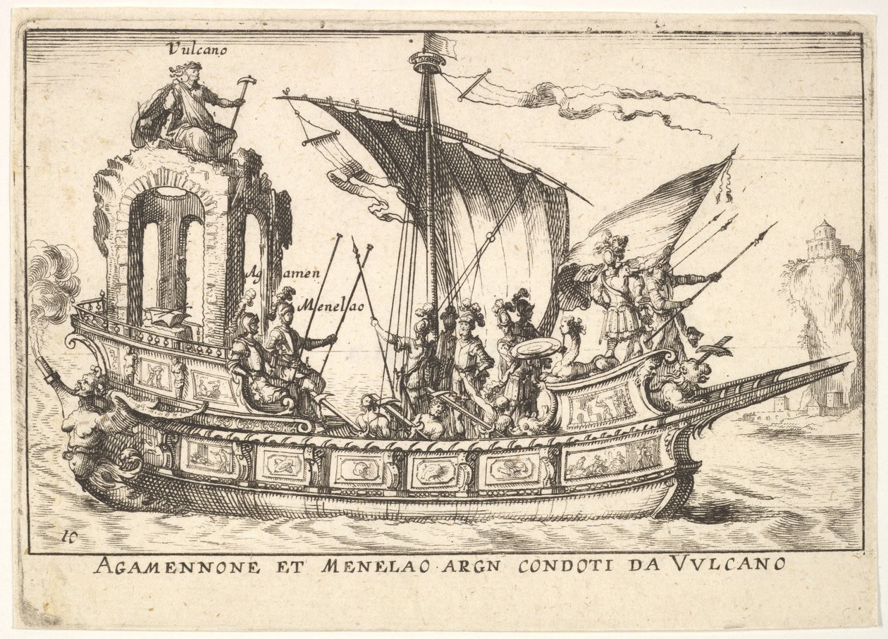 Tablica 10: Agamemnon i Menelaos siedzący w łodzi w towarzystwie innych postaci, w tym V..., 1664. autorstwa Unbekannt