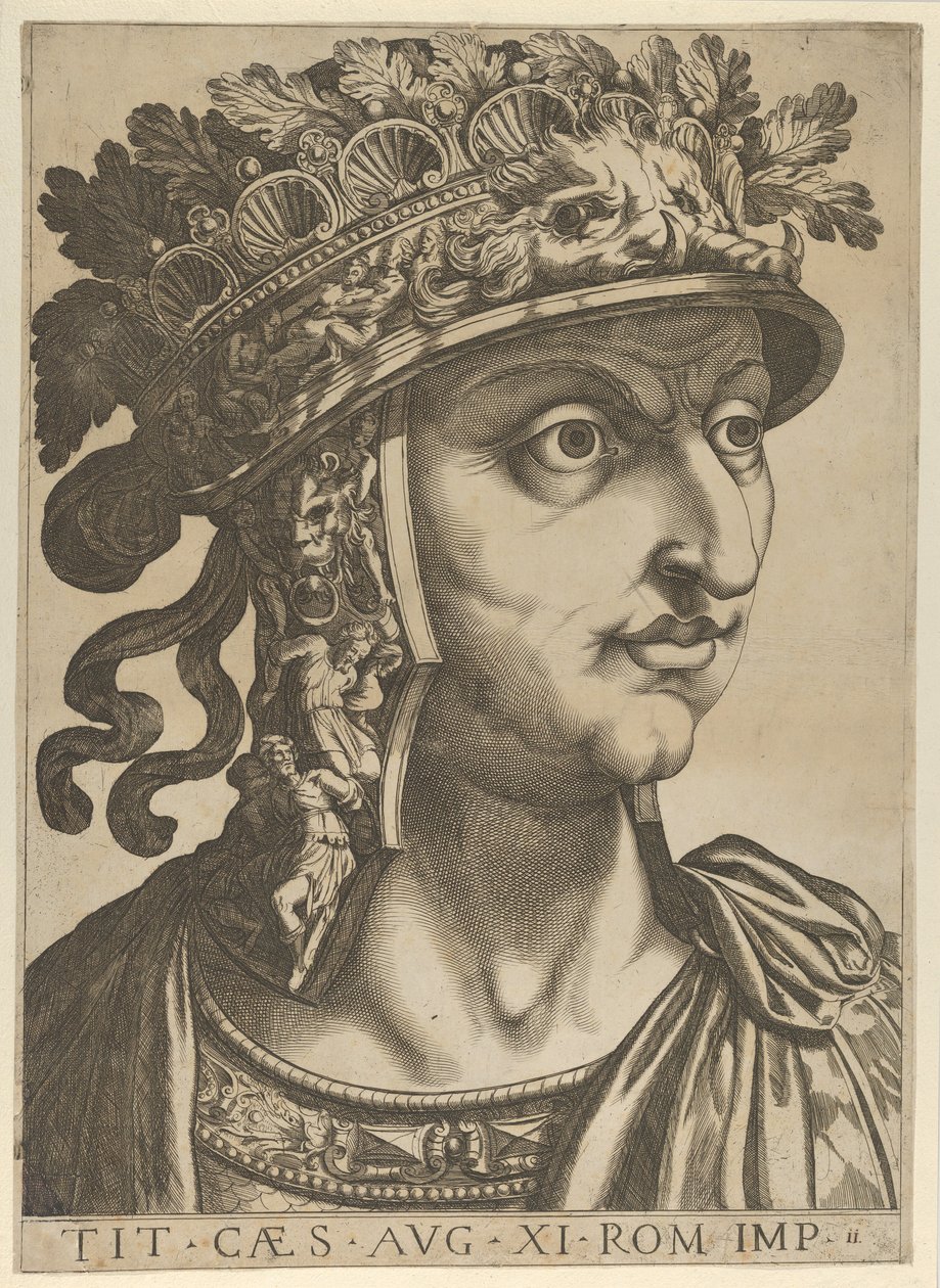 Tablica 11: Tytus Wespazjan patrząc w prawo, z „Dwunastu Cezarów”, 1610-40. autorstwa Unbekannt