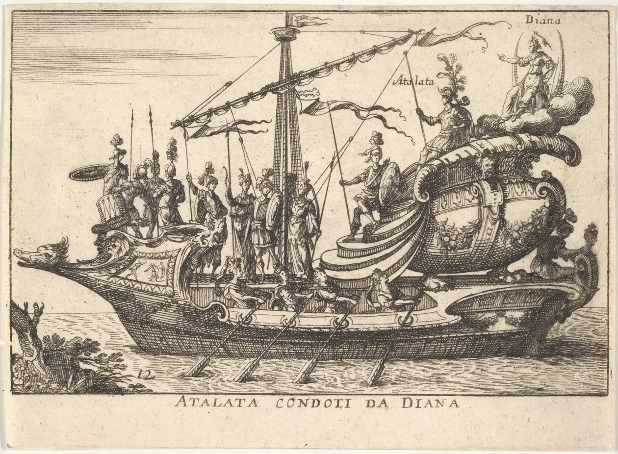 Tablica 12: Atalanta prowadzona przez Dianę Atalata condoti da Diana, w towarzystwie wojowników bearin…, 1664. autorstwa Unbekannt