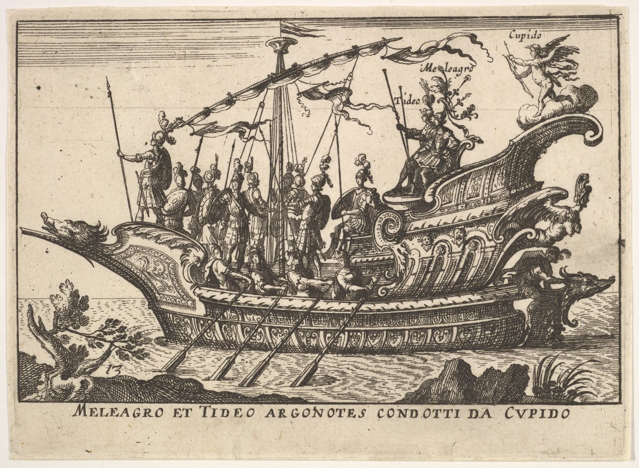 Płyta 13: Argonauts Meleager i Tydeus prowadzony przez Kupidyna Meleagro et Tideo Argonotes condotti..., 1664 autorstwa Unbekannt
