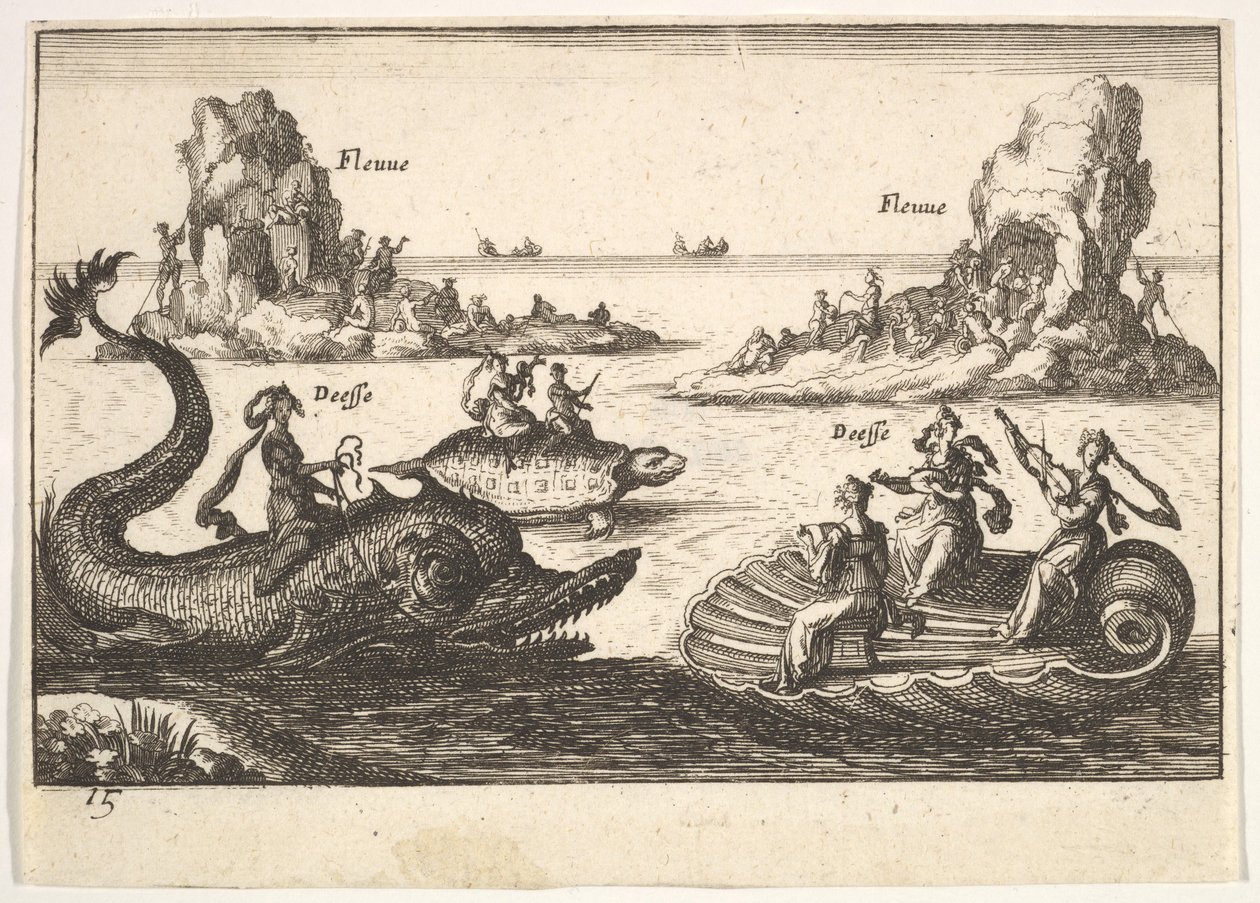 Tablica 15: Rzeki i boginie, z pływającymi wyspami prowadzonymi przez słupowców, figurka kobieca..., 1664. autorstwa Unbekannt