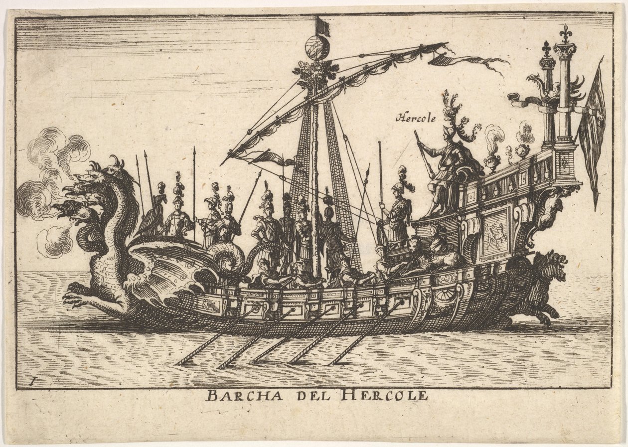 Tablica 1: Statek Herkulesa Barcha del Hercole, z dziobem w kształcie smoczej głowy i Herkulesem na pl..., 1664. autorstwa Unbekannt