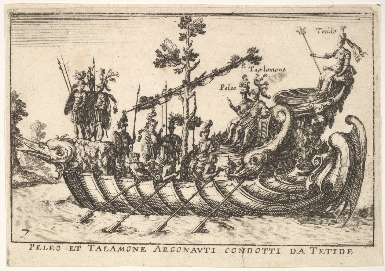 Tablica 7: Peleus i Talamone dowodzeni przez Argonautów z Tetides, z Wspaniałego korowodu w t..., 1664. autorstwa Unbekannt