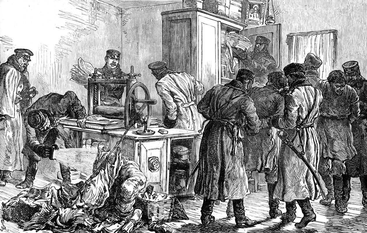 Policja odkrywa nihilistyczną prasę drukarską, Petersburg, Rosja, 1887 r. autorstwa Unbekannt