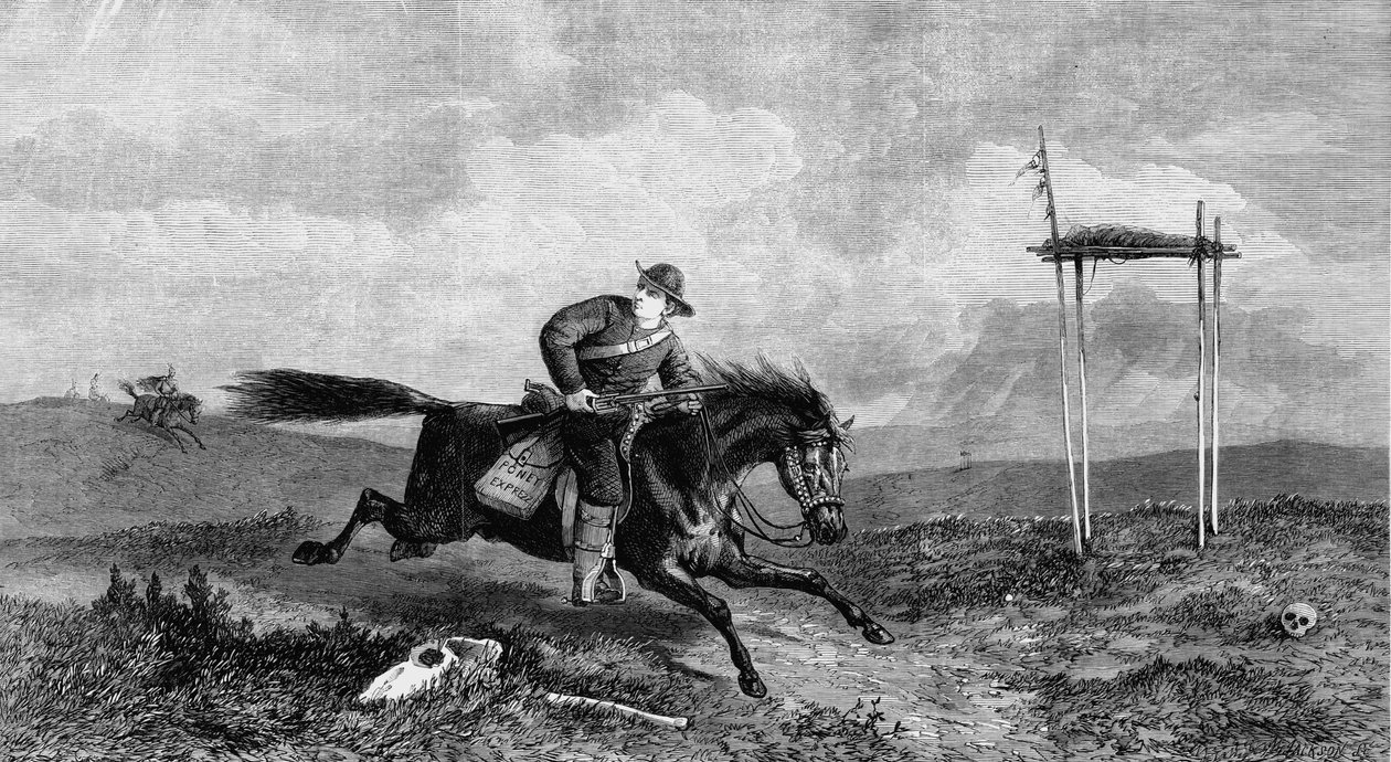 Jeździec Pony Express przekraczający wrogi kraj ścigany przez rdzennych Amerykanów, 1861 autorstwa Unbekannt