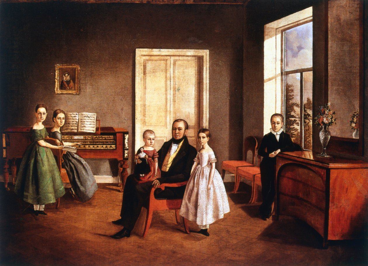 Portret rodziny we wnętrzu, rosyjski, ok. 1840 r. autorstwa Unbekannt